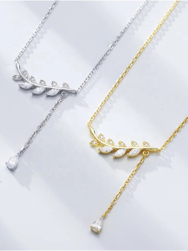 925 Sterling Silver Cubic Zirconia Leaf Necklace