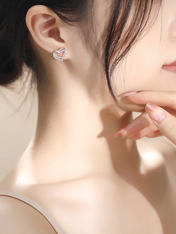 925 Sterling Silver Cubic Zirconia Heart Stud Earrings