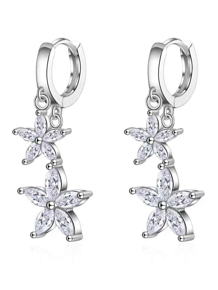 925 Sterling Silver Cubic Zirconia Flower Drop Earrings
