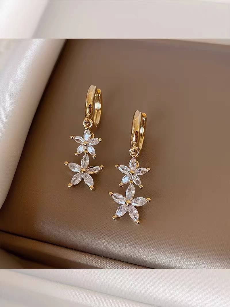 925 Sterling Silver Cubic Zirconia Flower Drop Earrings
