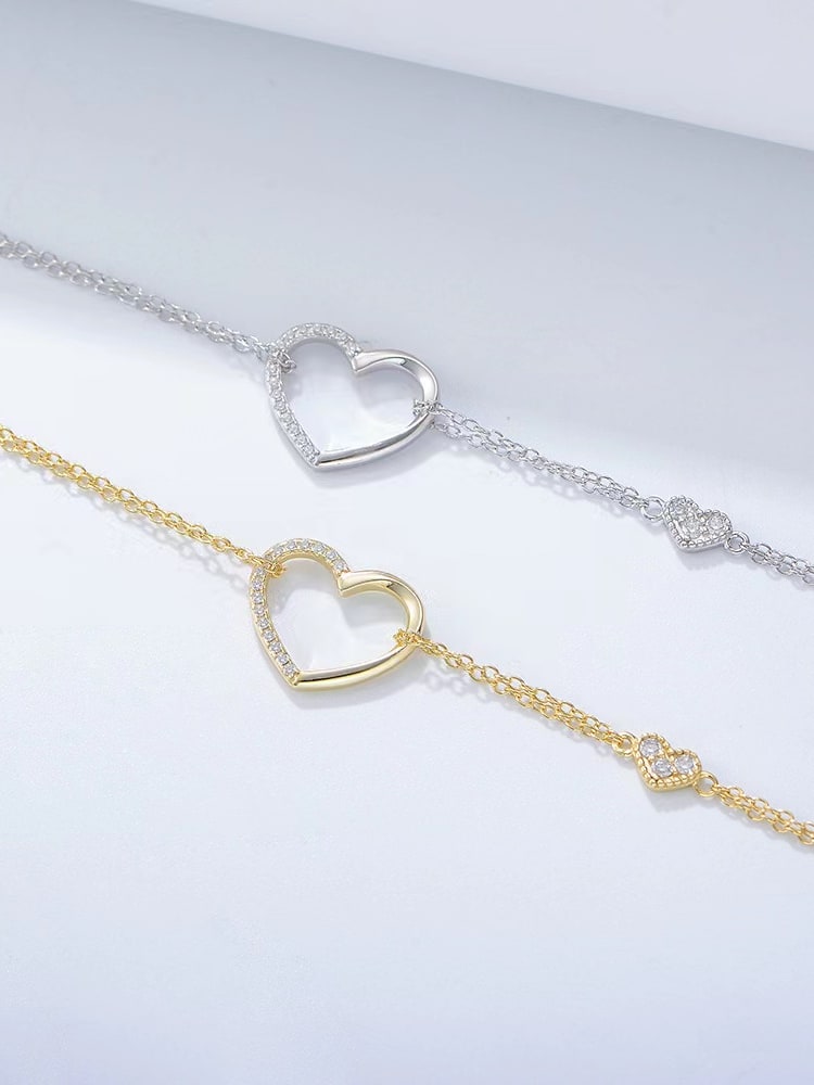 925 Sterling Silver White Dainty Heart Bracelet