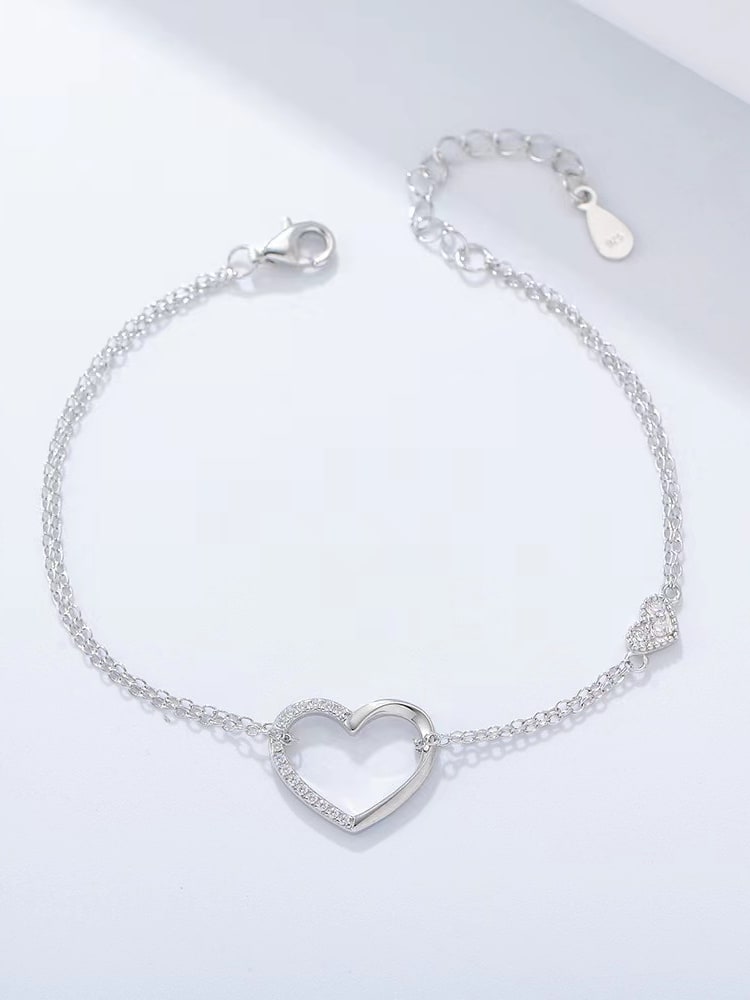 925 Sterling Silver White Dainty Heart Bracelet