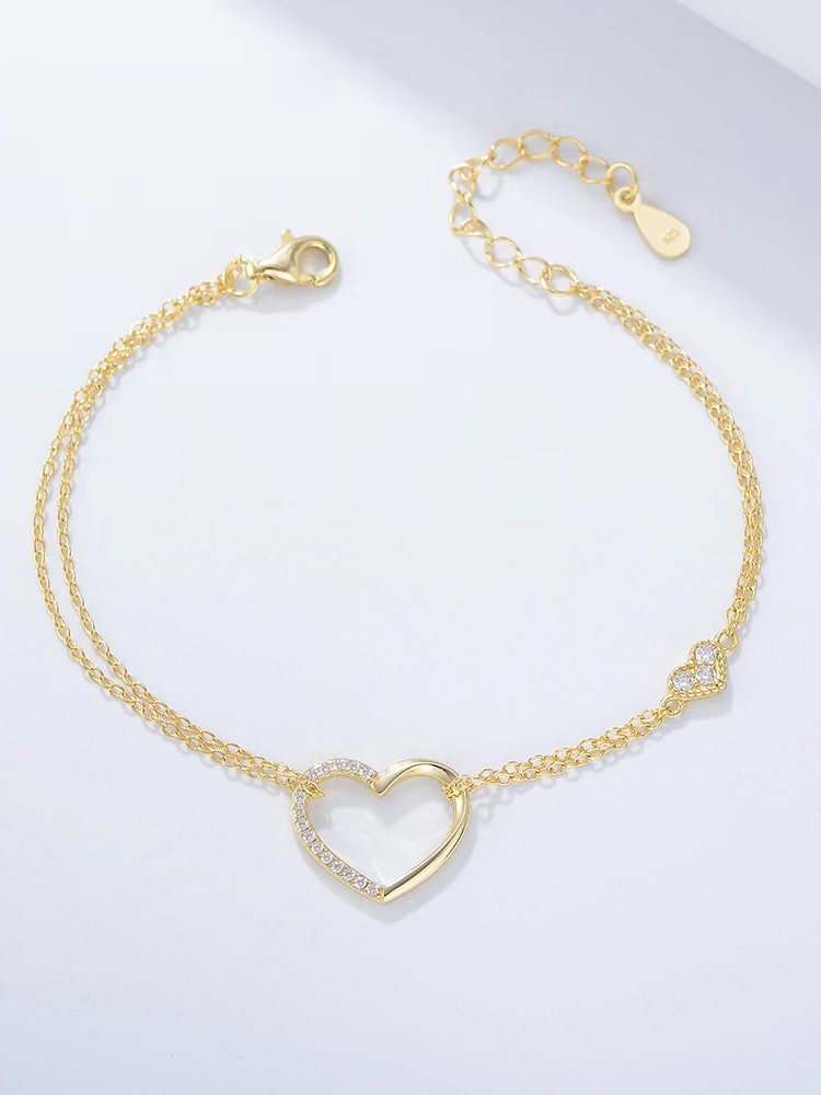 925 Sterling Silver White Dainty Heart Bracelet